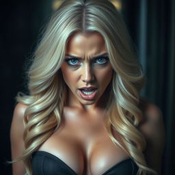 A sexy blonde woman with a terrified expression, her striking blue eyes conveying a sense of fear and urgency