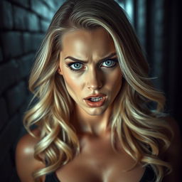 A sexy blonde woman with a terrified expression, her striking blue eyes conveying a sense of fear and urgency