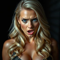 A sexy blonde woman with a terrified expression, her striking blue eyes conveying a sense of fear and urgency