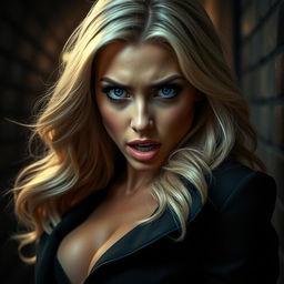 A sexy blonde woman with a terrified expression, her striking blue eyes conveying a sense of fear and urgency