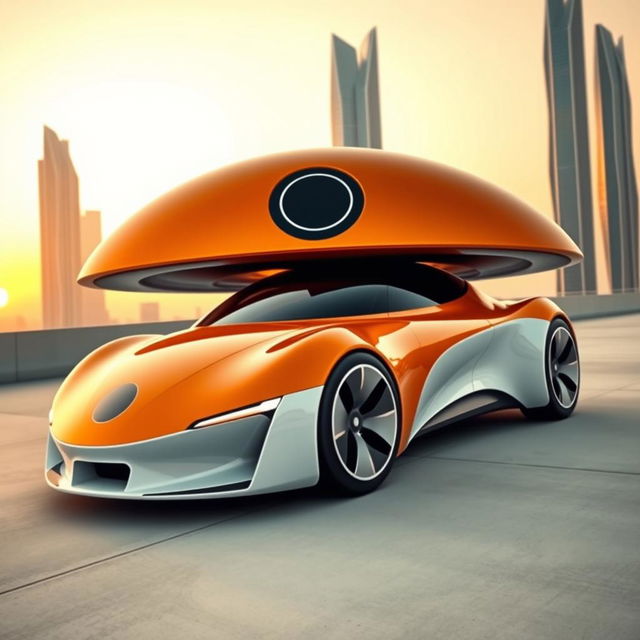 A stunning futuristic car with a unique and innovative design, featuring a vibrant orange and white color scheme