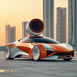 A stunning futuristic car with a unique and innovative design, featuring a vibrant orange and white color scheme