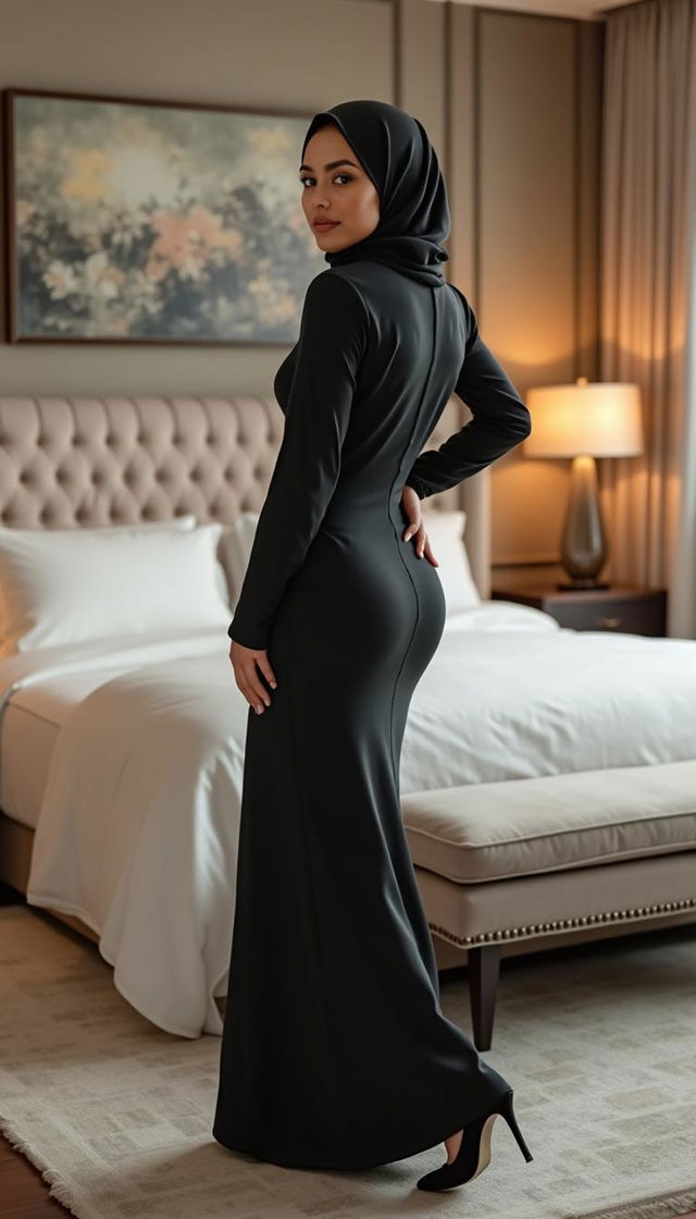 A classy 46-year-old woman wearing an elegant hijab, showcasing her fashionable high-quality heels