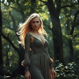 A sexy blonde woman with an expression of fear, wearing an elegant long-sleeved dress that complements her figure