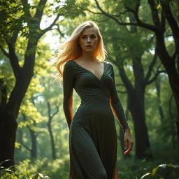 A sexy blonde woman with an expression of fear, wearing an elegant long-sleeved dress that complements her figure