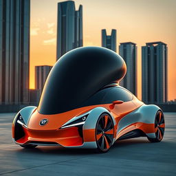 A striking futuristic car featuring a unique design, predominantly orange and white