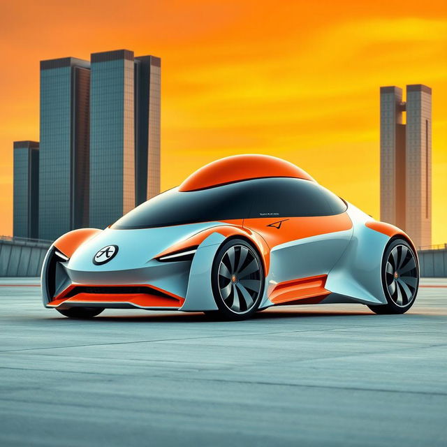 A striking futuristic car featuring a unique design, predominantly orange and white