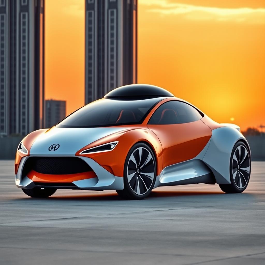 A striking futuristic car featuring a unique design, predominantly orange and white