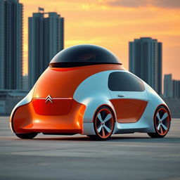 A futuristic CITROEN car featuring a unique design, predominantly orange and white in color