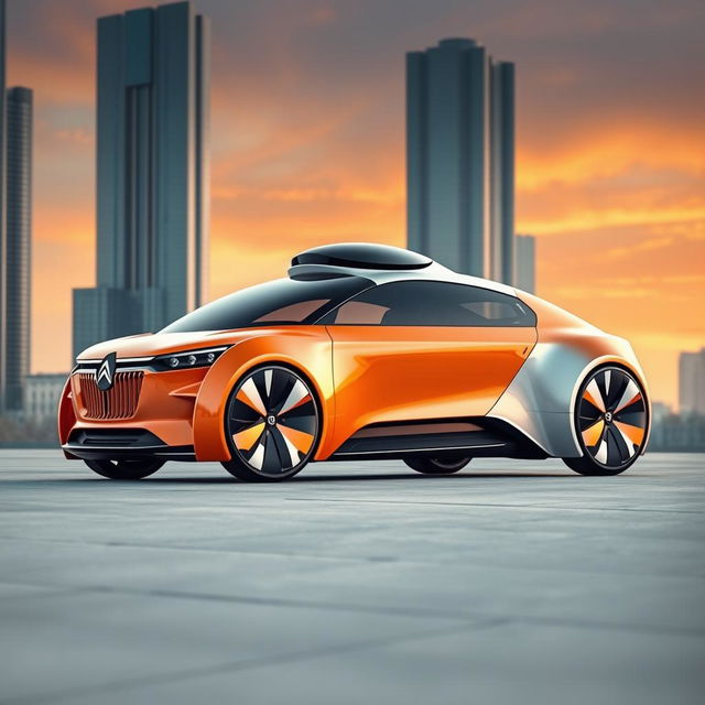 A futuristic CITROEN car featuring a unique design, predominantly orange and white in color