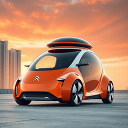 A futuristic CITROEN car featuring a unique design, predominantly orange and white in color