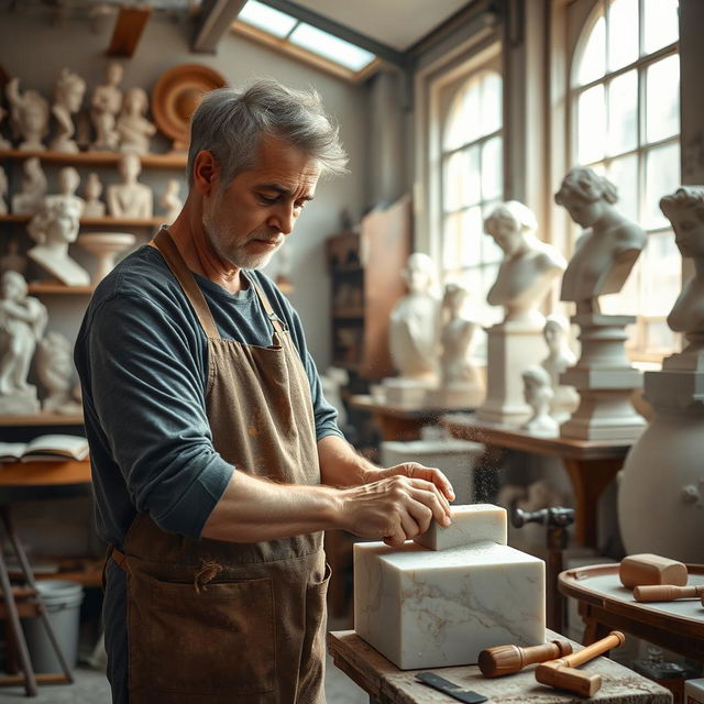 A skilled sculptor in his workshop, surrounded by various tools and sculptures in progress