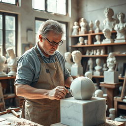 A skilled sculptor in his workshop, surrounded by various tools and sculptures in progress