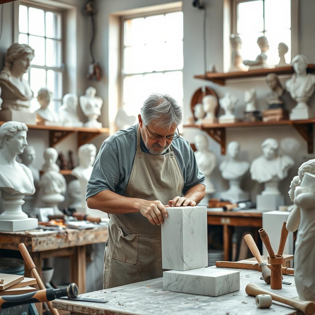 A skilled sculptor in his workshop, surrounded by various tools and sculptures in progress