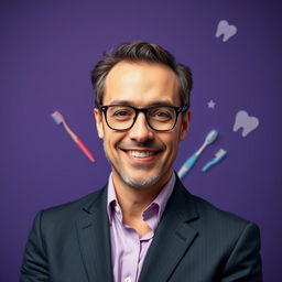 A striking portrait featuring a professional dental market expert, dressed in a smart business outfit with a confident and approachable expression
