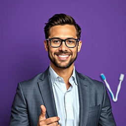 A striking portrait featuring a professional dental market expert, dressed in a smart business outfit with a confident and approachable expression