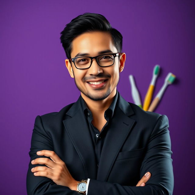 A striking portrait featuring a professional dental market expert, dressed in a smart business outfit with a confident and approachable expression