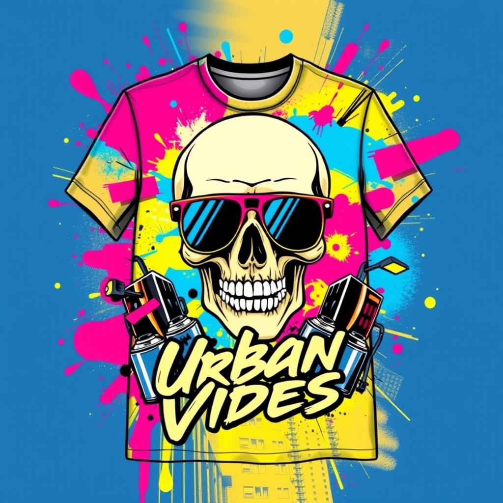 A vibrant streetwear t-shirt design featuring an abstract graffiti style background with bold splashes of color like neon pink, electric blue, and bright yellow