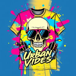 A vibrant streetwear t-shirt design featuring an abstract graffiti style background with bold splashes of color like neon pink, electric blue, and bright yellow