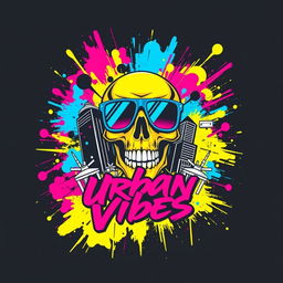 A vibrant streetwear t-shirt design featuring an abstract graffiti style background with bold splashes of color like neon pink, electric blue, and bright yellow