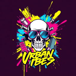 A vibrant streetwear t-shirt design featuring an abstract graffiti style background with bold splashes of color like neon pink, electric blue, and bright yellow