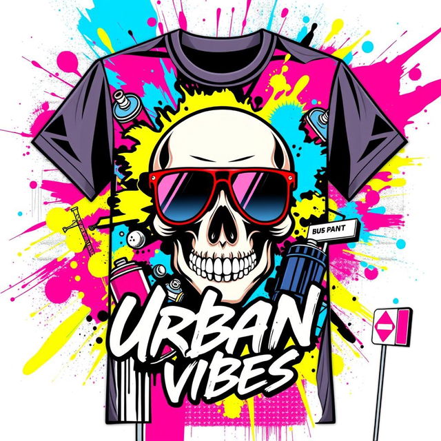 A vibrant streetwear t-shirt design featuring an abstract graffiti style background with bold splashes of color like neon pink, electric blue, and bright yellow