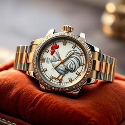 A creative and humorous depiction of a luxury Rolex watch that features a clever twist: instead of the traditional dial, there is a rooster symbolizing the 'cock' in 'cock watch'