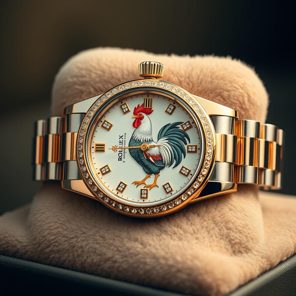 A creative and humorous depiction of a luxury Rolex watch that features a clever twist: instead of the traditional dial, there is a rooster symbolizing the 'cock' in 'cock watch'