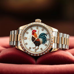 A creative and humorous depiction of a luxury Rolex watch that features a clever twist: instead of the traditional dial, there is a rooster symbolizing the 'cock' in 'cock watch'