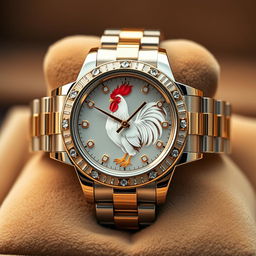 A creative and humorous depiction of a luxury Rolex watch that features a clever twist: instead of the traditional dial, there is a rooster symbolizing the 'cock' in 'cock watch'