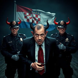 A dramatic and surreal scene depicting the Minister of Education portrayed as a devil, being arrested by police officers who are also depicted as devils