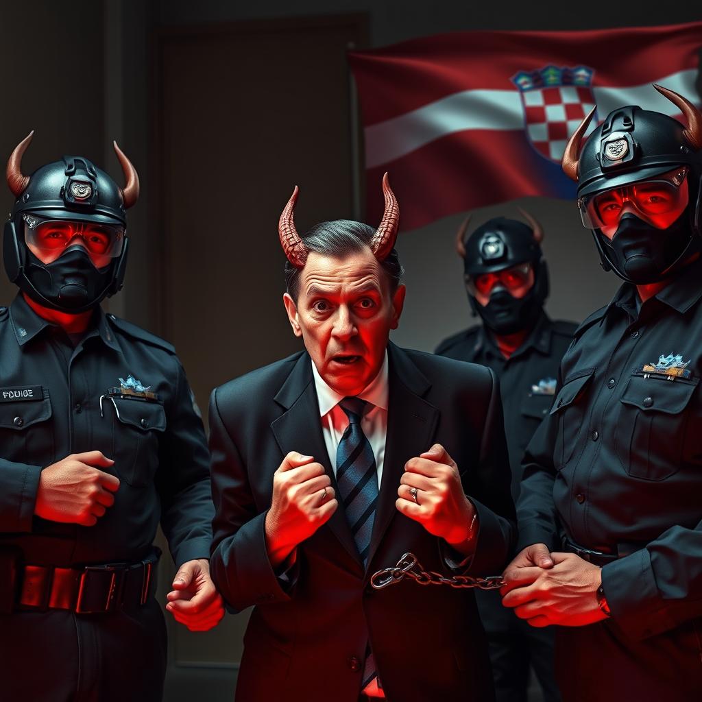 A dramatic and surreal scene depicting the Minister of Education portrayed as a devil, being arrested by police officers who are also depicted as devils