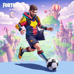 A digital illustration of a futuristic, action-packed Fortnite character resembling Lionel Messi