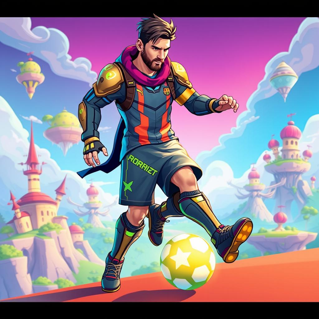 A digital illustration of a futuristic, action-packed Fortnite character resembling Lionel Messi