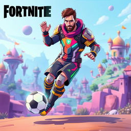 A digital illustration of a futuristic, action-packed Fortnite character resembling Lionel Messi