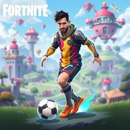 A digital illustration of a futuristic, action-packed Fortnite character resembling Lionel Messi