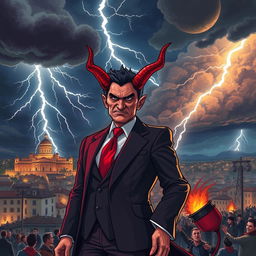 A dramatic interpretation of a cataclysmic event in Croatia, envisioning Prime Minister Andrej Plenković depicted as a devilish figure orchestrating chaos