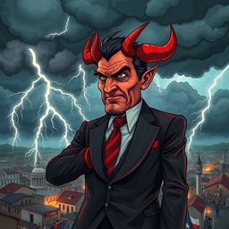 A dramatic interpretation of a cataclysmic event in Croatia, envisioning Prime Minister Andrej Plenković depicted as a devilish figure orchestrating chaos