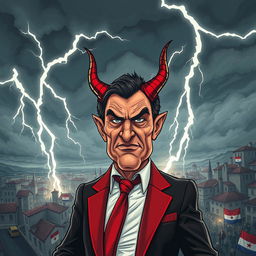 A dramatic interpretation of a cataclysmic event in Croatia, envisioning Prime Minister Andrej Plenković depicted as a devilish figure orchestrating chaos