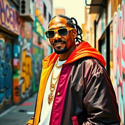 A stylish, charismatic hip-hop artist, exuding cool confidence as he stands on a vibrant urban street