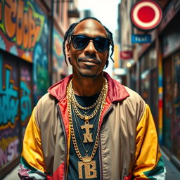A stylish, charismatic hip-hop artist, exuding cool confidence as he stands on a vibrant urban street