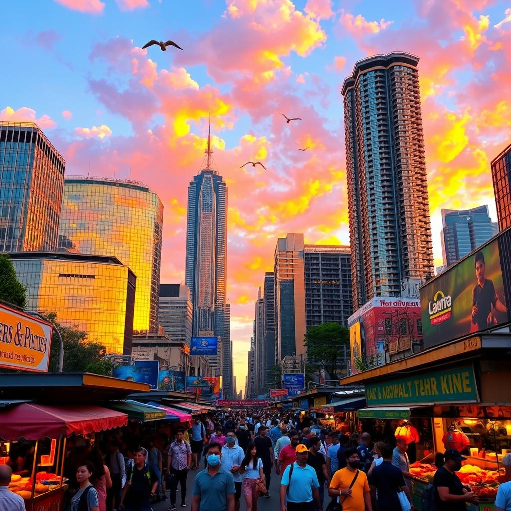 A vibrant cityscape at sunset, with towering skyscrapers reflecting golden hues in the glass windows