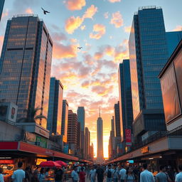 A vibrant cityscape at sunset, with towering skyscrapers reflecting golden hues in the glass windows