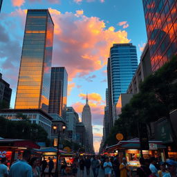 A vibrant cityscape at sunset, with towering skyscrapers reflecting golden hues in the glass windows
