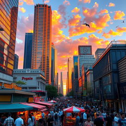 A vibrant cityscape at sunset, with towering skyscrapers reflecting golden hues in the glass windows