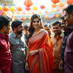 A vibrant and captivating scene featuring a beautiful woman dressed in an elegant and sexy saree, adorned with intricate patterns and rich colors