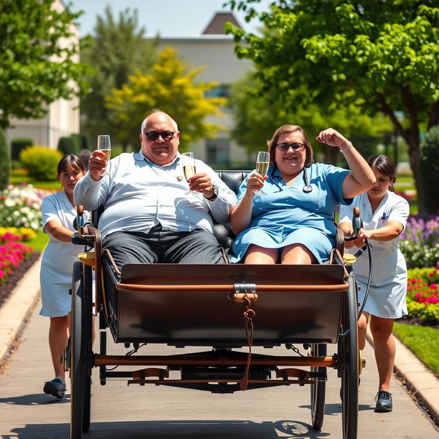 A whimsical and humorous scene in which two overweight hospital managers are seated comfortably in a vintage horse carriage, enjoying glasses of champagne