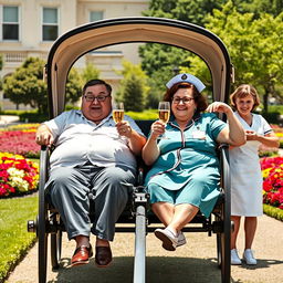 A whimsical and humorous scene in which two overweight hospital managers are seated comfortably in a vintage horse carriage, enjoying glasses of champagne