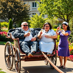 A whimsical and humorous scene in which two overweight hospital managers are seated comfortably in a vintage horse carriage, enjoying glasses of champagne
