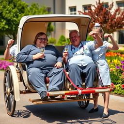 A whimsical and humorous scene in which two overweight hospital managers are seated comfortably in a vintage horse carriage, enjoying glasses of champagne